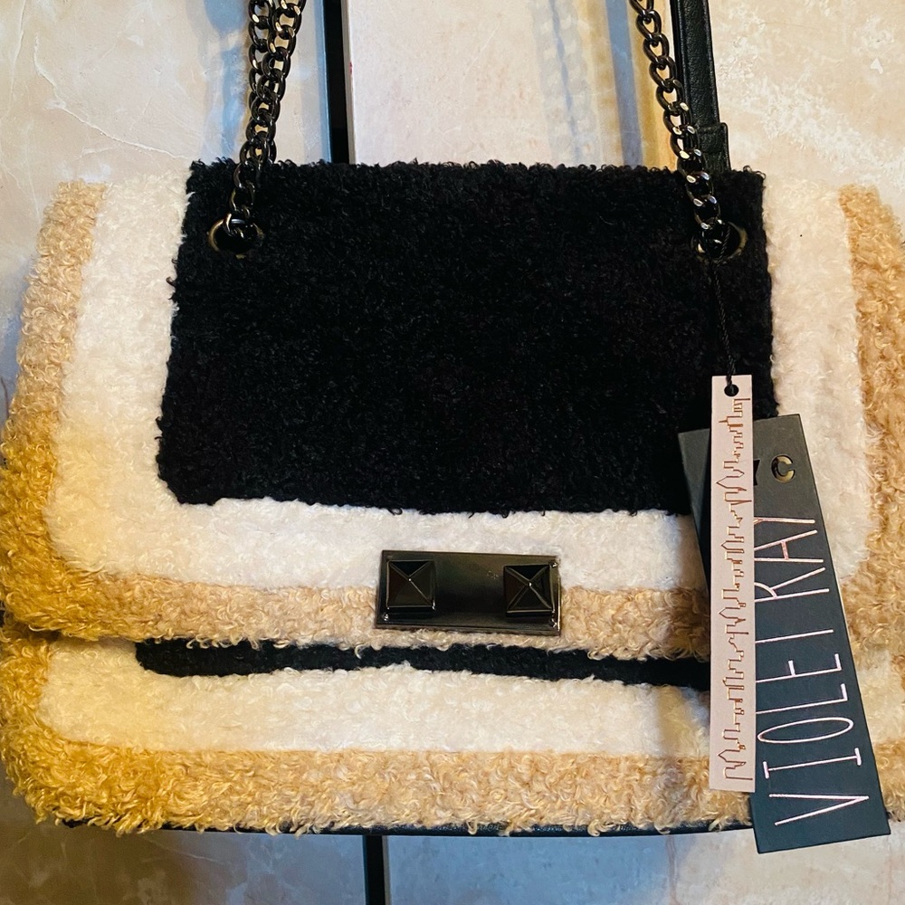Violet Ray Black, Cream & Tan Shearling Chain Shoulder Bag
